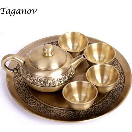 Copper Teaware Set puer tea Six-Piece Set 4 Teabowls teapot plate Metal Party tea ware family friend gift chinese travel tea set