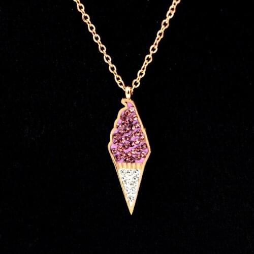 Fashion Rose Gold Color Love Cute Crystal Pink Ice Cream Pendant Necklace Stainless Steel Women Female Girl Party Gift
