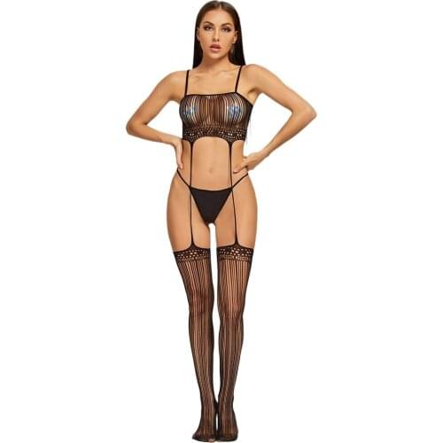 Open Crotch Transparent Bodysuit Sexy Lingerie Mesh Sexi Women Suspender Breast Wrapping Erotic Underwear Ladies Garter Stocking