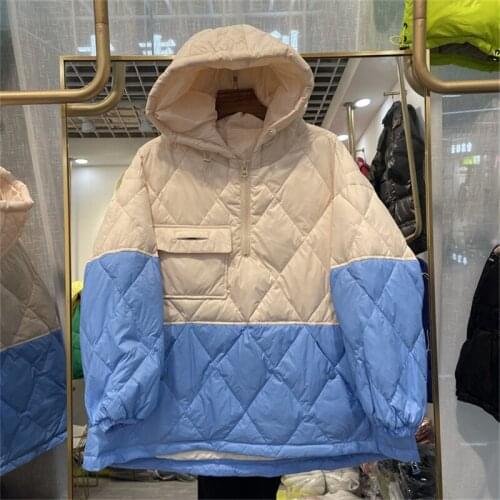 Korean Color Matching Hooded Ultralight Puffer Jacket Winter Female Parkas Casual Long Sleeve Women 90% White Duck Down Outwear