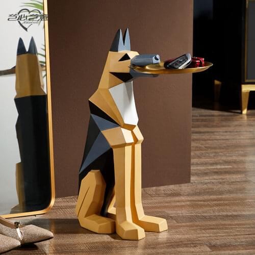 Large Landing Shepherd Dog Resin Statue Dog Tray Decoration Figurine Creative Living Room Sculpture Nordic Style Decoration