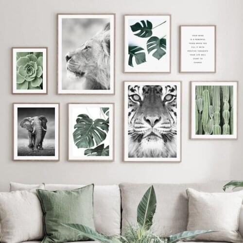 Lion Tiger Elephant Cactus Monstera Plant Nordic Posters And Prints Wall Art Canvas Painting Wall Pictures For Living Room Decor