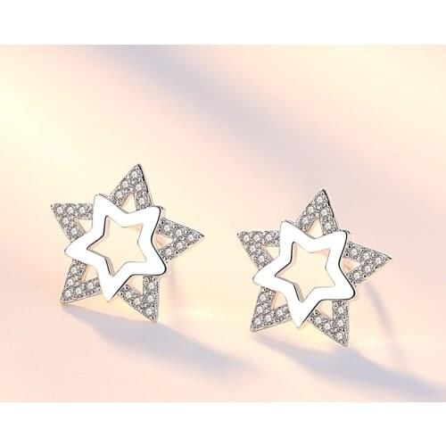 Utimtree Simple Hollow Double Star Stud Earrings Jewelry for Women aaa Cubic Zirconia 925 sterling silver Earring Girls Gift