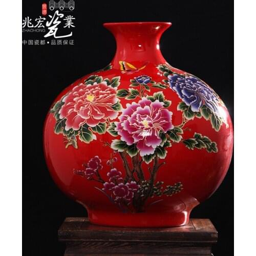 Siu Hong Jingdezhen ceramics China red peony pomegranate Ball Vase decorated living room floor decoration Home Furnishing