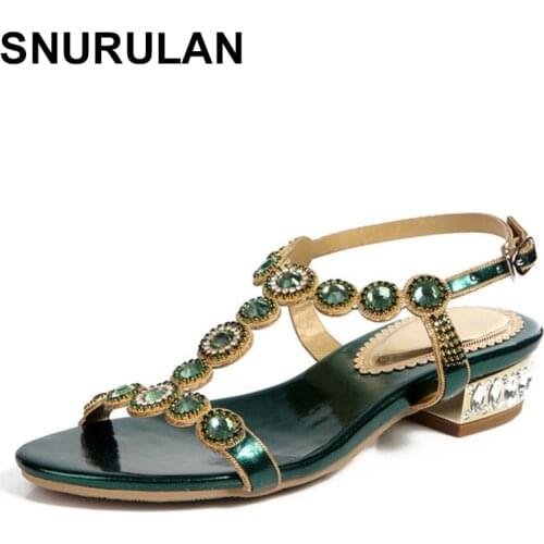 SNURULAN 2019 New Summer Gladiator Sandals Crystal Rhinestone Open Toe Low Heels Women Bridesmaid Sandals Wedding Party Shoes