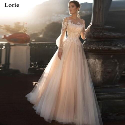 Lorie Champagne Princess Wedding Dress A-Line Puff Sleeve Wedding Gowns Boho Lace Appliques Lace Bridal Dresses