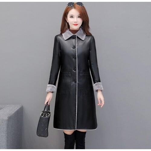 Women Winter Fur Lining Warm Soft Leather Long Jackets New Ladies Washed Pu Leather Black Trench Boutique Coat Female Outerwear