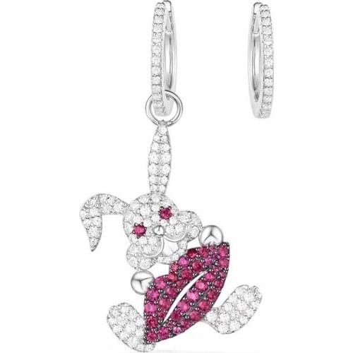 SLJELY Pure 925 Sterling Silver Asymmetrical Rabbit and Red Lip Earrings Cubic Zirconia Stones Yao Chen Collection Women Jewelry