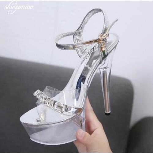 Shoes Women Crystal Sandals 2019 Sexy High Heel 15CM Fine with Waterproof Table Transparent Crystal Shoes Wedding Shoes Banquet