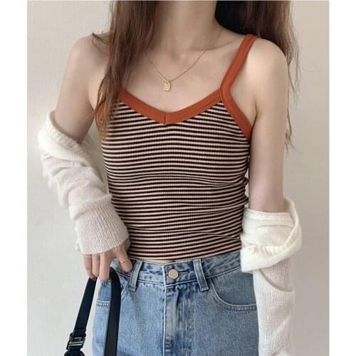 Harteen Women Knitted Striped Crop Tops Female Pactwork Straps Streetwear Brow Camisole Slim Cute Tanks Camis 2021 Summer Tshirt