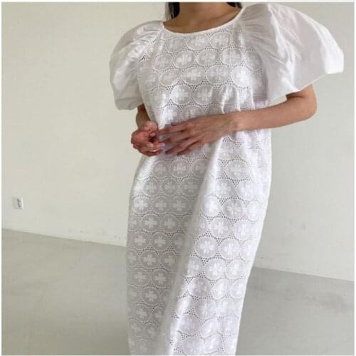 Summer Womens Dress Round Neck High Waist Korean Style Hollow Embroidery Flower Dresses