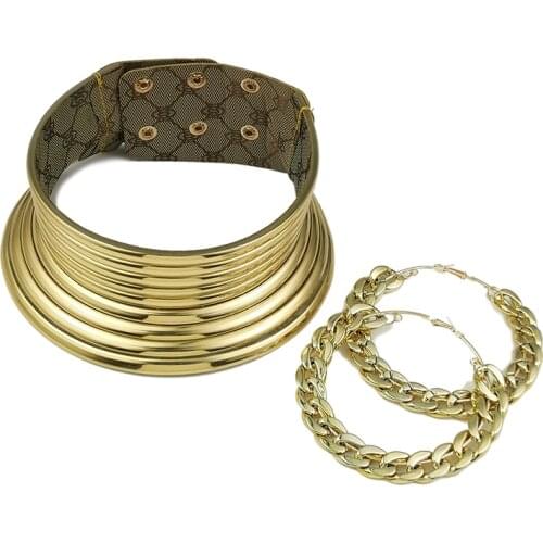 2021 Fashion Trend African Necklaces Jewelry Set Gold Color Acrylic Earrings Statement Torque Choker Necklace Set Indian UKEN