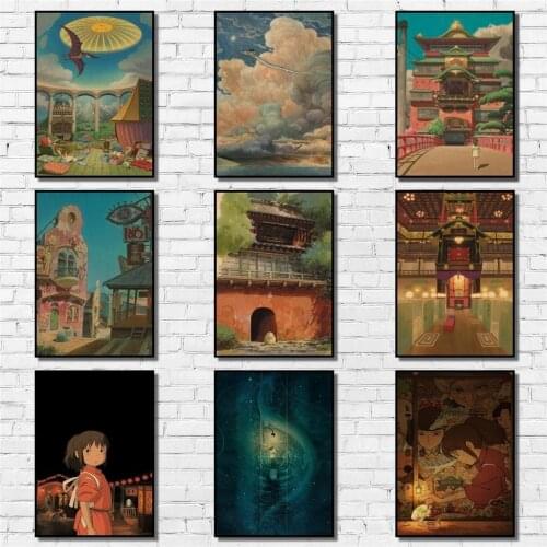 Hayao Miyazaki Anime Spirited Away Kraftpaper Poster Retro Painting Abstract Funny Fancy Wall Sticker for Coffee House Bar