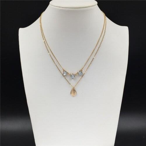 Classic Gold Color Plating Textured Leaf with Teardrop Mint Stone Statement Layered Necklace For Women Girl Elegant Jewelry