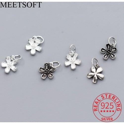 MEETSOFT 100% Sterling Silver Vintage Five Petal Flower Charms DIY Blossom Pendant Accessory Handmade Jewelry Making Finding