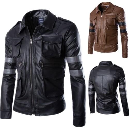 Mens Short Leather Jacket Trendy Handsome Stand-Up Collar Pocket Color Mens Jacket Lyon Same Style