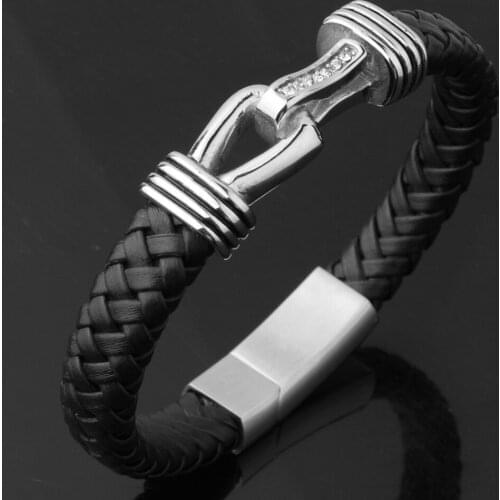 Charming Rhinestone Stainless Steel Silver Color Clasp Black Genuine Leather Wristband Mens Bracelet Bangle 8.97inch 10.3mm Wide