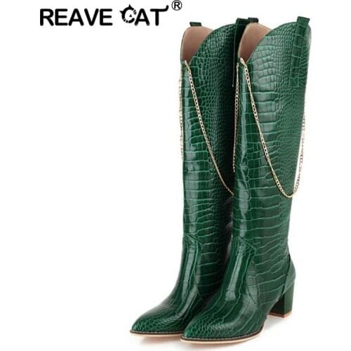 REAVE CAT Winter Cowboy Knee-high Boots Pointed Toe 6cm Chunky Heel PU Slip-on Solid Chains Big Size 35-48 Green Work C2048