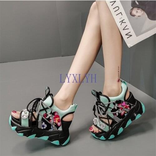 Wedges Platform Sandals Women 2020 Summer Breathable Rhinestones High Heels Ladies Shoes Height Increasing 8.5cm Women Sandals