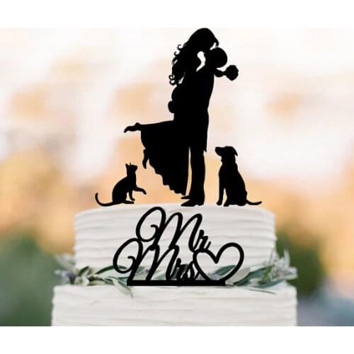 Wedding Cake topper with dog and cat, silhouette wedding cake toppers, two tier wedding cake toppers with pets mr and mrs cake t