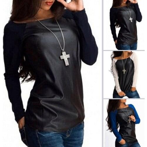 Sexy Women Leather Long Sleeve Loose T-shirt Casual PU Leather Patchwork O-Neck Top Spring Autumn S-XL