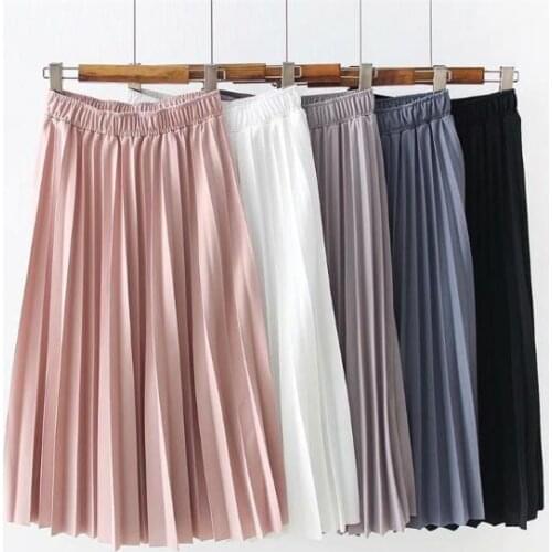 2019 Autumn Women High Waist Skirt Solid Color Pleated Skirt Women Causal Midi Skirts White Skirts