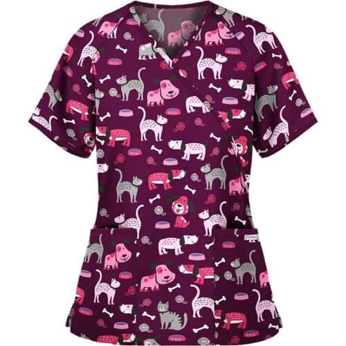 Women Short Sleeve V-neck Tshirt Working Uniform Pocket Back Tie Cartoon Print T Shirt Women Poleras Mujer #P3