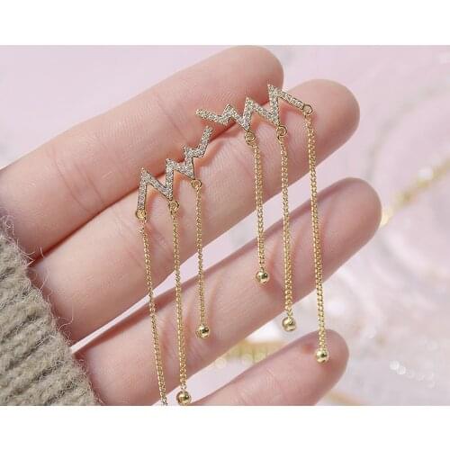 Bohemia Wave Heartbeat Tassel Women Earring 14K Real Gold Zirconia Lightning Stud Earrings Wedding Jewelry for Bridal Accessorie