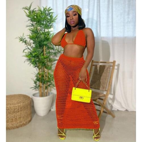 2020 Summer Fishnet Knitted Two Piece Set Skirt Women Sexy Hollow Out Night Club Suits Bra Top+ Long Skirt Casual Beach Outfits