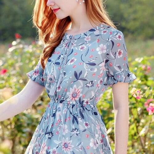 2018 Boutique Womens Summer New Elegant O-neck Print A Word Dress Thin Wild Chiffon Dress