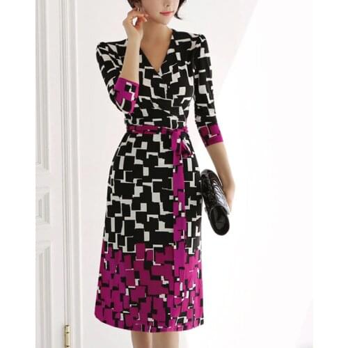 2021 Summer autumn Print Fashion Pencil Dress Women Bow Bandage Slim Dresses Office Wear Sheath Bodycon Vestidos robe femme