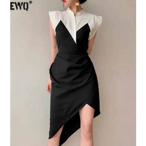 [EWQ] Korea Casual Women Patchwork Black Dress For Women Stand Sleeveless High Waist Irregular Hem Knee Length Summer 16 E1265