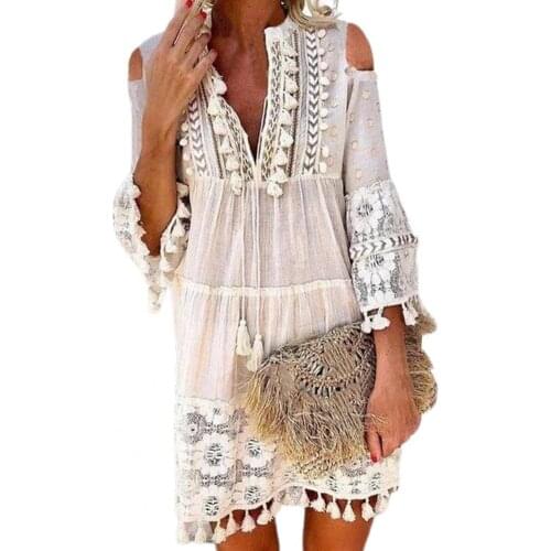 Deep V Neck Mini Dress Solid Color Women Tassel 3/4 Sleeve Shift Dress Sundress Casual Womens Clothing 2021 xxxxl vestidos