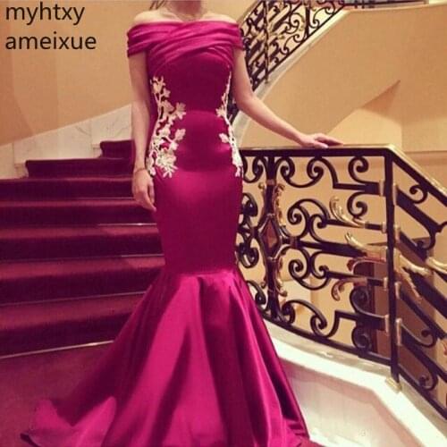 2019 Fuchsia Mermaid Long Cheap Evening Formal Dresses With Appliques Lace Elegant Off Shoulder Women Party Gowns Arabic Design