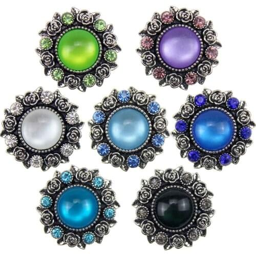 10pcs/lot New Crystal 18mm Snap Buttons Cats Eyes Stone Flowers Snap For Silver plated Snap Bracelet Snap Jewelry