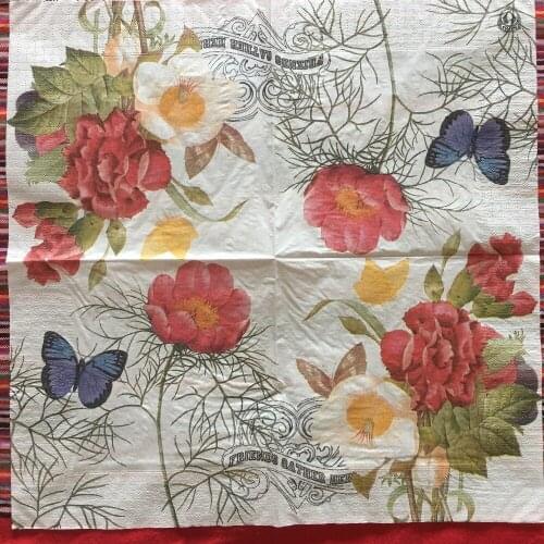 20 vintage Napkin paper tissue printed peony flowers butterfly handerchief decoupage servilletas wedding birthday party decor