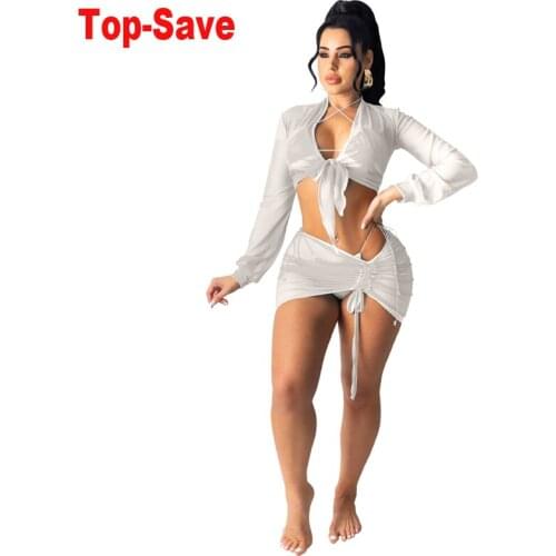 2021 Spring Summer Women Two Piece Outfits Beach Sunscreen Tops+Mini Skirt Matching Set Sexy Solid Skinny Clubwear Mesh Clothing