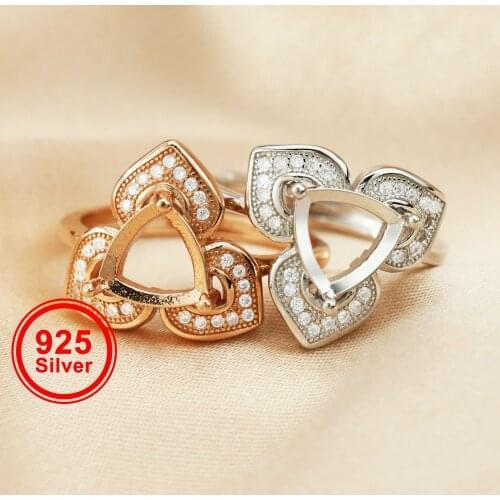 8MM Trillion Bezel Pave Flower Head Rose Gold Plated Solid 925 Sterling Silver Adjustable Ring Settings for DIY Gems 1294155