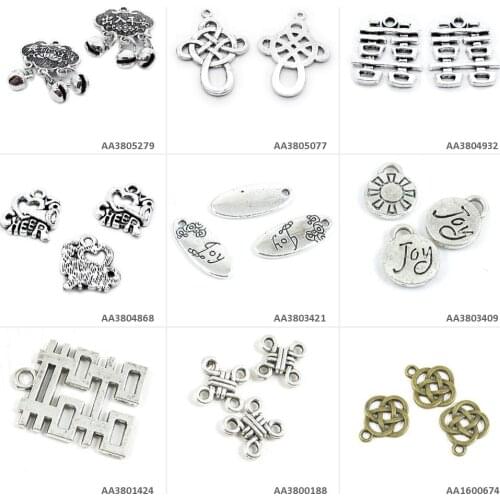 Antique Bronze Silver Plated Jewelry Making Charms Chinese Knot Double Happiness Joy Tag Signs Love Cheer Blessed Lock Bell