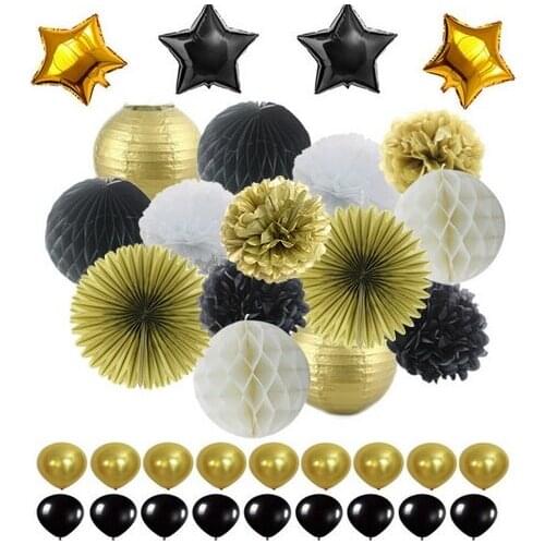 Black Gold White Party Decorations Tissue Paper Pom Pom Honeycomb Ball and Paper Lantern Foil Star&Latex Balloon for Party Favor