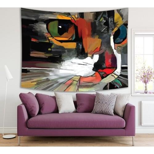 Tapestry Cat Heterochromia with Different Eye Colors Rough Brushstrokes Modern Oil Painting Artwork Black White Blue Green