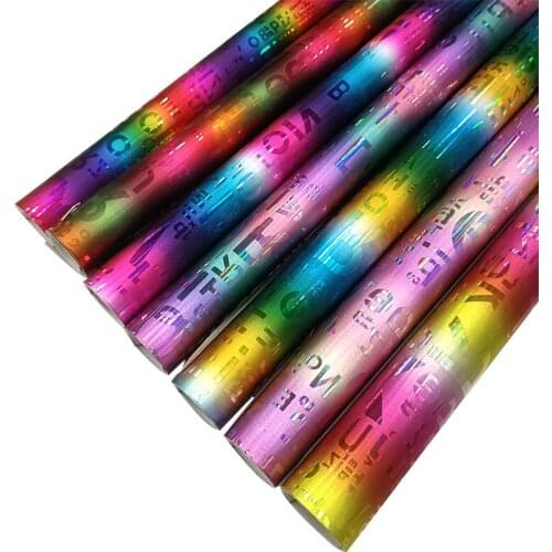 English Letter Embossed Holographic Metallic Laser PU Artificial Leather Fabric Sheet for Making Shoe/Bag/Clothing/Craft
