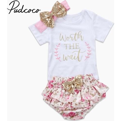 Pudcoco Newborn Baby Girl Clothes Set Kids Letter Print Bodysuit + Floral Tutu Shorts + Sequin Headband Outfits Set