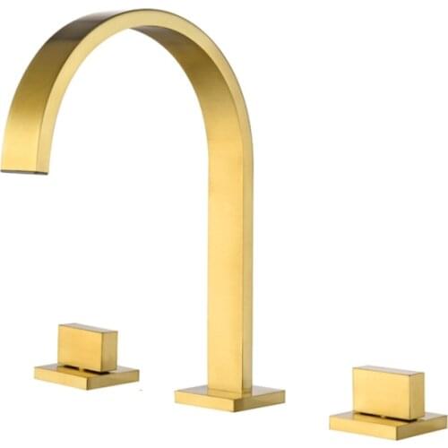 Brushed gold square Modern 3 Holes 8" Widespread Bathroom Sink Faucet Mixer Tap Set Solid Brass deck mounted