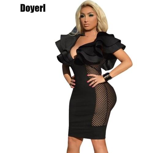 Layered Flounce Black Bodycon Dress Women Short Sleeve Summer Dresses 2020 Sexy Side Hollow out Ruffle Elegant Party Dresses