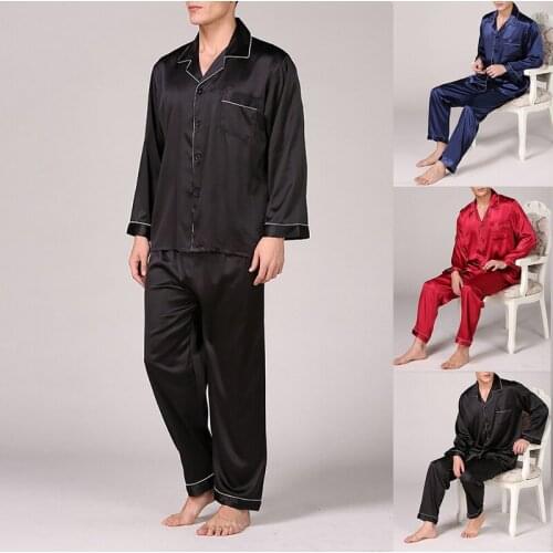 Mens Spring And Summer Imitation Silk Pure Color Pajamas Autumn Mens Long-sleeved Silk Pajamas Home Wear Large Size