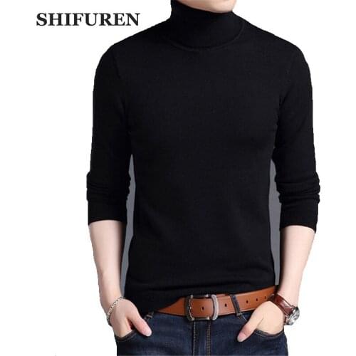 SHIFUREN 2018 New Winter Mens Sweaters Turtleneck Solid Color Knitwear High Quality Male Double Collar Knitted Pullovers Jersey