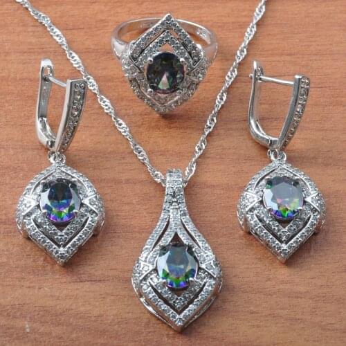 Multicolor Rainbow ZirconiaSilver Color Jewelry Sets For Women Brithday Gift Earrings Necklace Pendant Rings Set JS0612