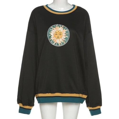 2021 New Gothic Graphic Printing Black Sweatshirts Harajuku Oversize Long Sleeve Crewneck Women Pullovers Patchwork Streetwear