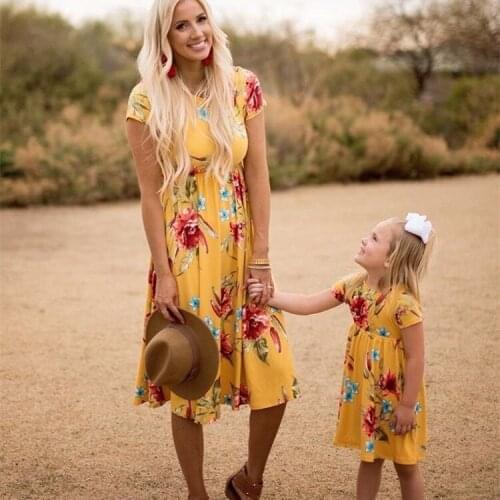Parent-Child Dress Family Clothes Outfits Mommy and Daughter Matching Dress Short Sleeve Hi-Low Summer Dress NO32-40